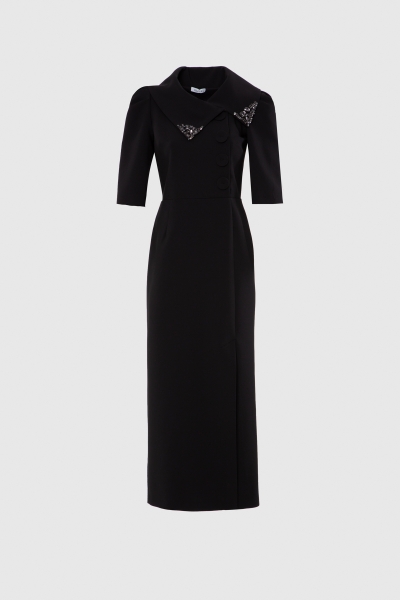 Gizia Stone Embroidered Detailed Midi Length Black Dress. 1