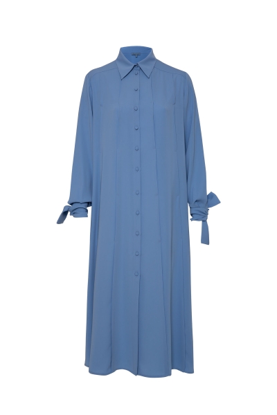 GIZIAGATE - Dilek Hanif Manşeti Bağlama Detaylı Uzun Gömlek Mavi Tasarım Elbise