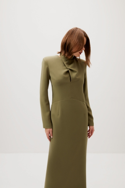 Gizia Neck Detailed Straight Cut Ankle Length Green Dress. 2