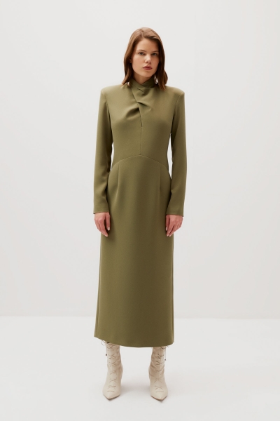 Gizia Neck Detailed Straight Cut Ankle Length Green Dress. 1