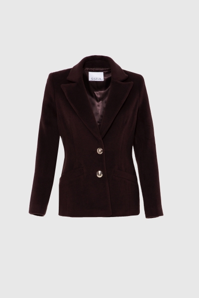  GIZIA - Metal Düğmeli Kaşe Kumaş Kahverengi Blazer Ceket