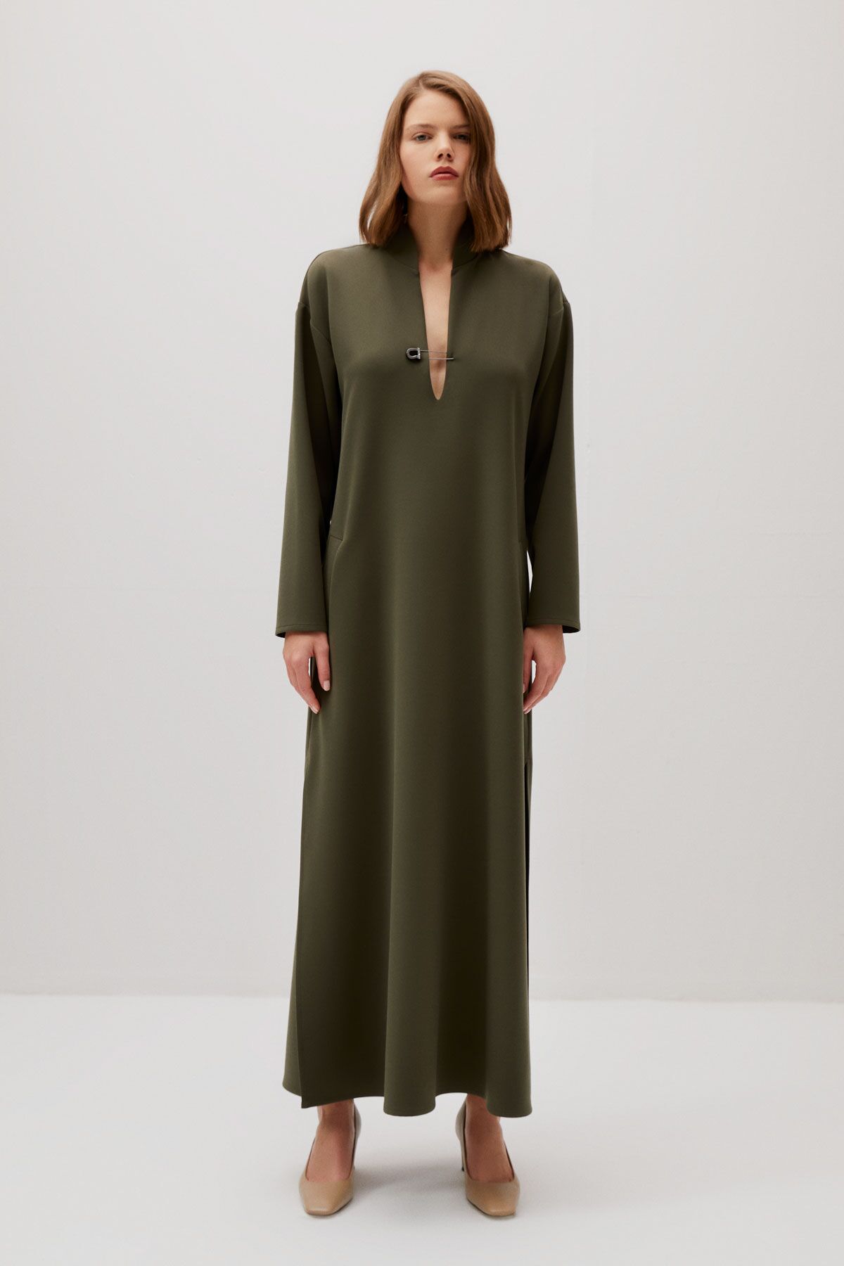 GIZIAGATE - Needle Detailed Slit Green Long Dress