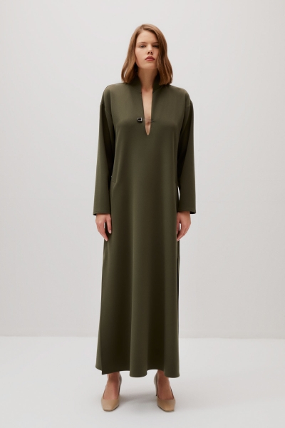 Gizia Needle Detailed Slit Green Long Dress. 1
