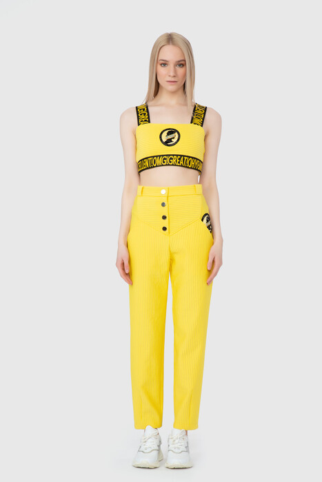 Gizia Embroidery Rigged Detailed Strap Crop Yellow Top. 1