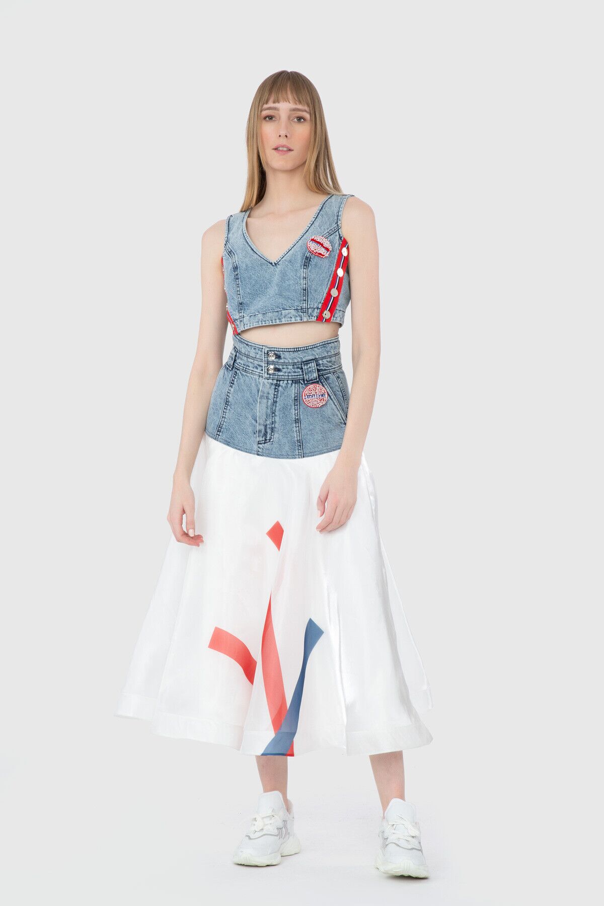  GIZIA - Organza Stripe Printed High Waist Midi Length Navy Blue Skirt