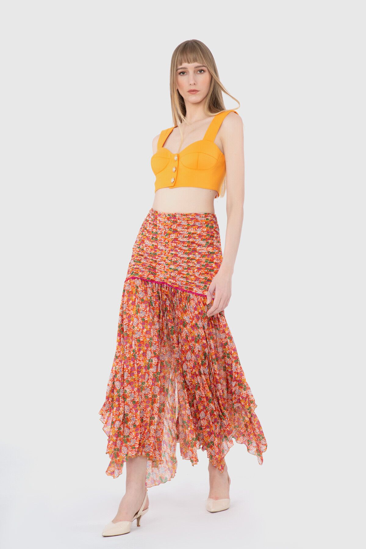  GIZIA - Pleat Detail Crispy Floral Midi Length Orange Skirt