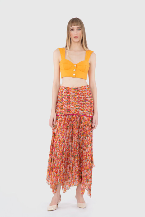 Gizia Pleat Detail Crispy Floral Midi Length Orange Skirt. 1
