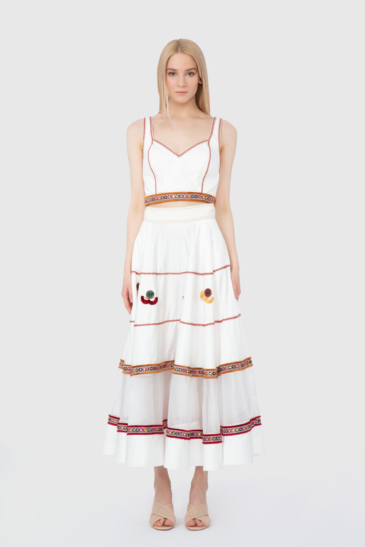  GIZIA - Organza Garnish Stripe And Ethnic Accessory Detail Ecru Skirt