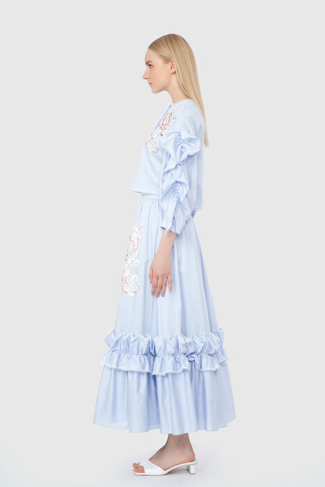 Gizia Embroidery Detailed Ruffled Long Iced Blue Skirt. 2