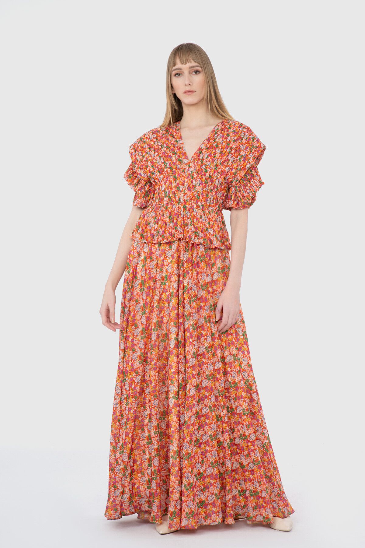 GIZIA - Crispy Floral Patterned Pleated Detailed Long Orange Dress