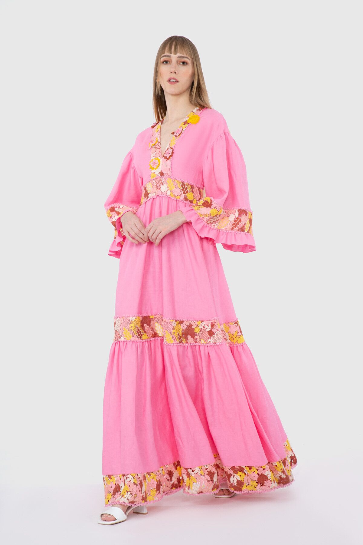 GIZIA - V-Neck Floral Patterned Pink Long Dress