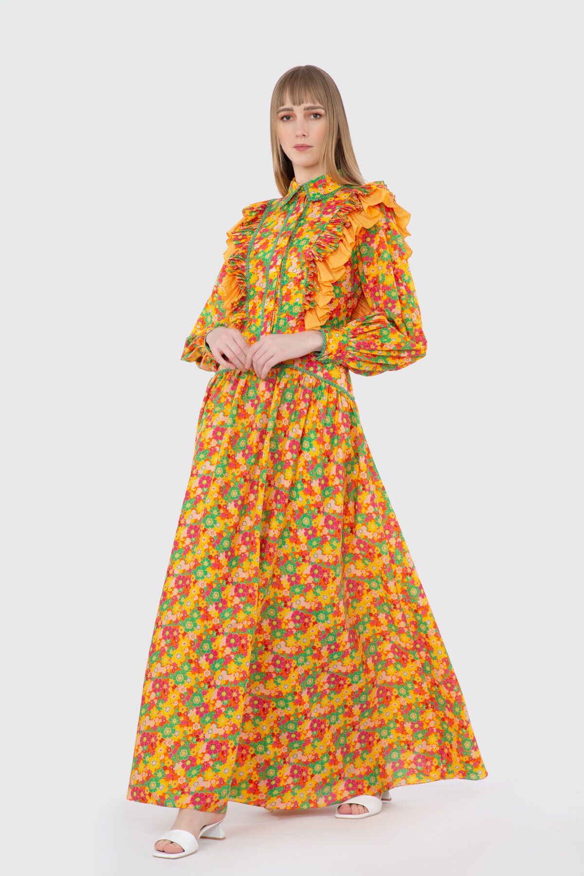 GIZIA - Contrast Fabric Detailed Long Orange Dress