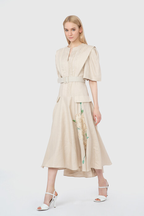 Gizia Embroidery And Embroidery Detailed Collar Ribbed Midi Length Linen Beige Dress. 1