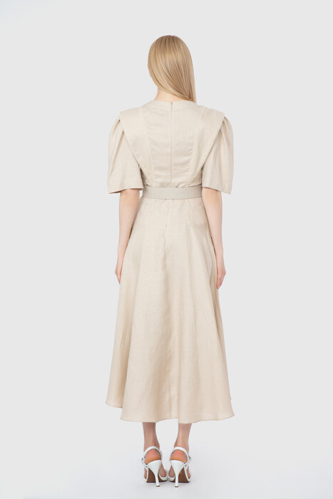 Gizia Embroidery And Embroidery Detailed Collar Ribbed Midi Length Linen Beige Dress. 2