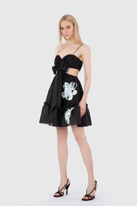  GIZIA - Floral Print Detailed Rope Strap Trend Black Dress