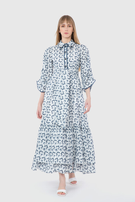 Gizia Collar Embroidered Detailed Belted Blue Dress. 1
