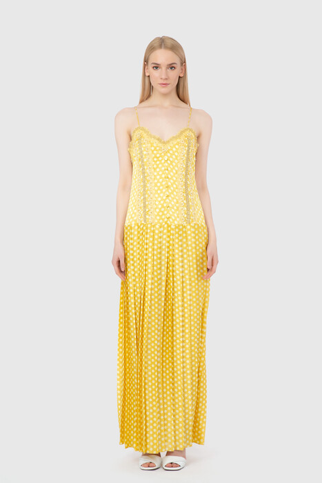 GIZIA - Askılı Piliseli Kumaş Düğmeli Sarı Elbise