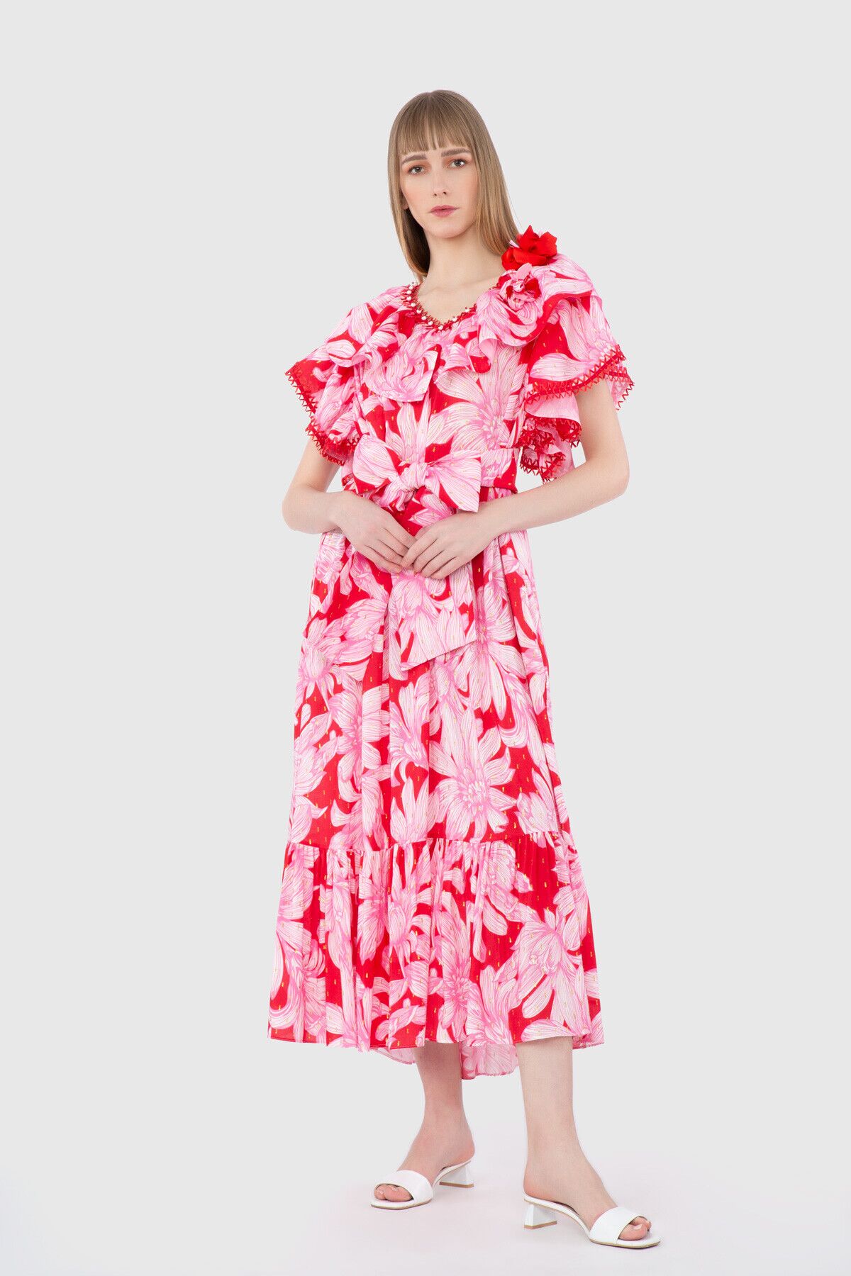 GIZIA - Floral Detailed Red Dress With Frilled Sleeves