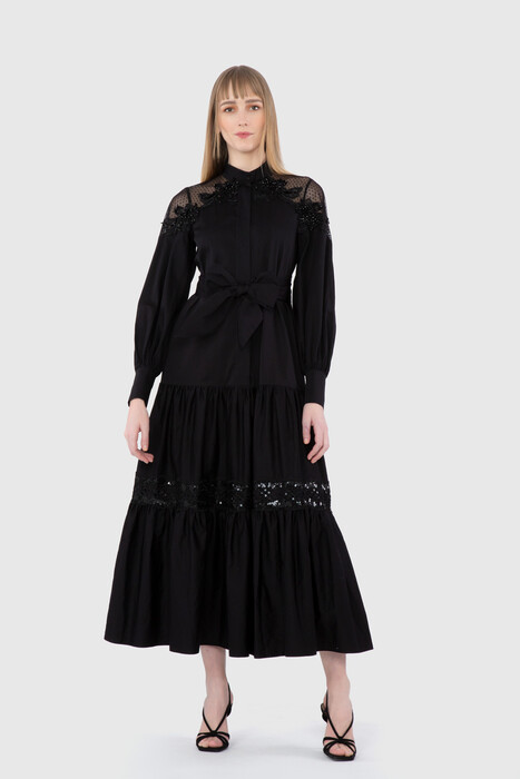  GIZIA - Transparan Omuz Detaylı Pileli Siyah Elbise