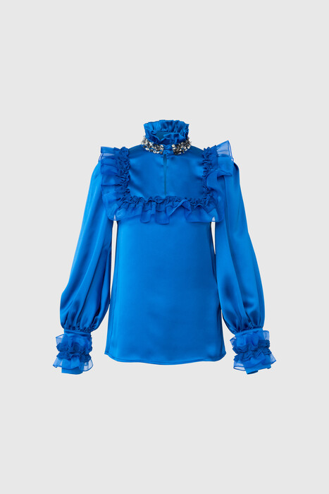  GIZIA - Tulle Detailed Sax Blouse with Frilled Collar