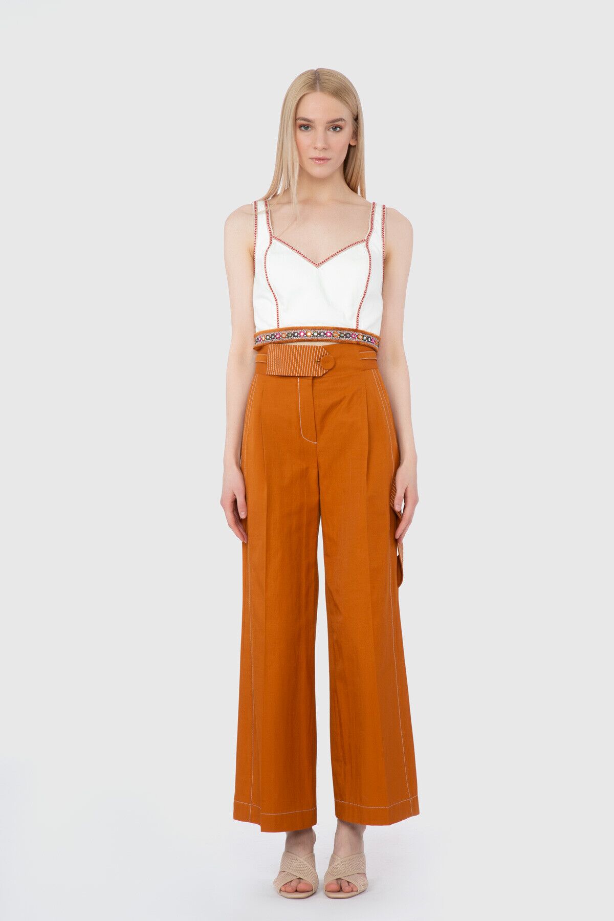  GIZIA - Contrast Stitch Detail High Waist Brown Trousers