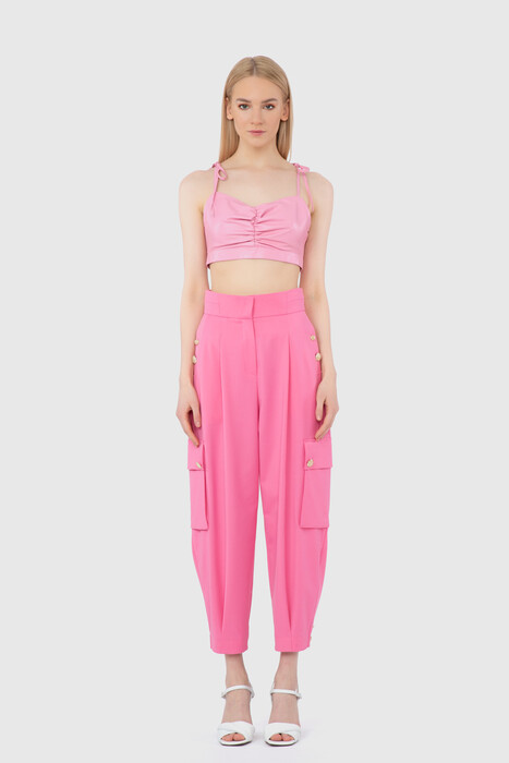 Gizia Metallic Button Detailed Cargo Relaxed Cut Pink Trousers. 1