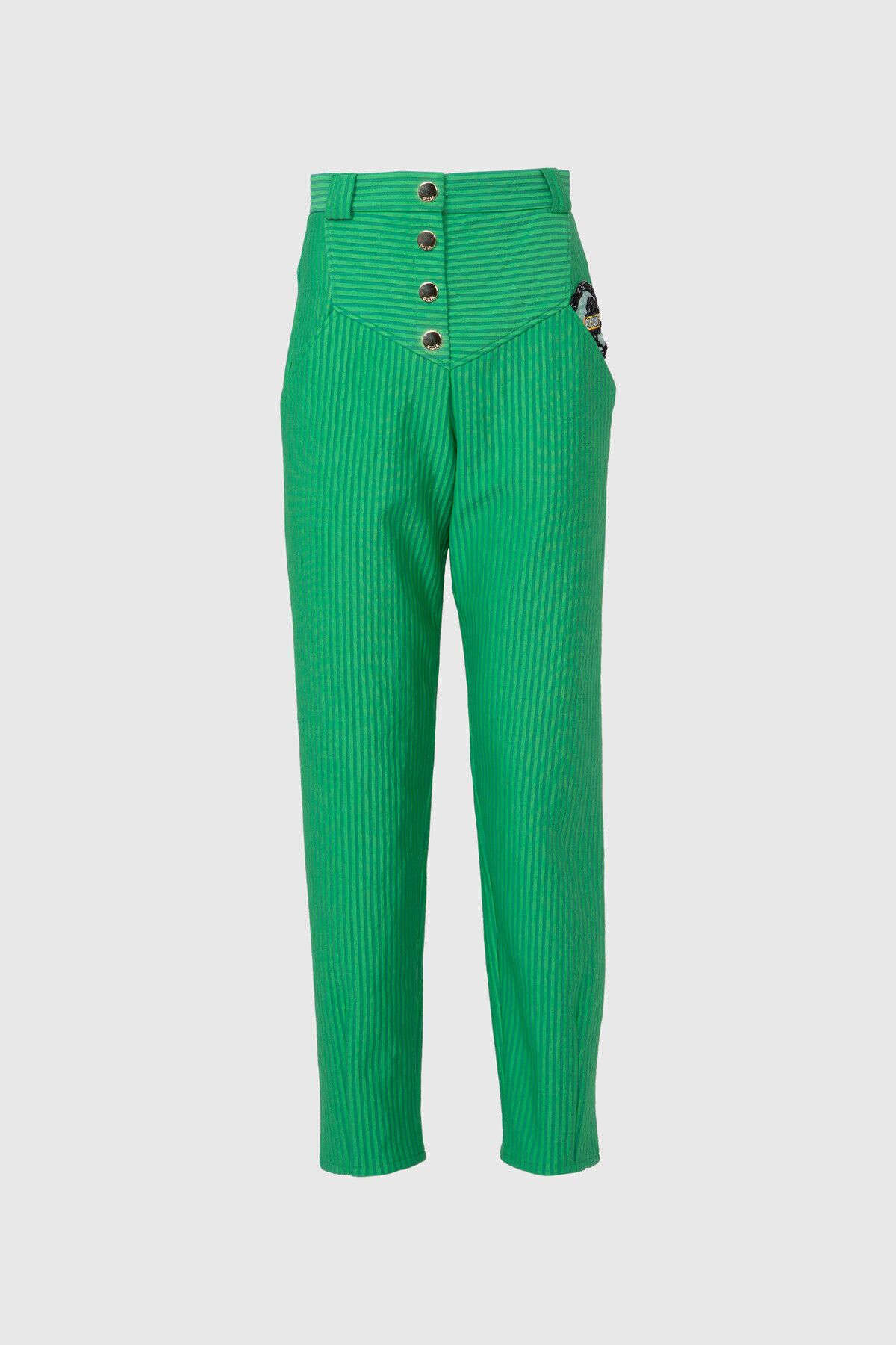 GIZIA SPORT - Yüksek Bel Nakış Detaylı Çıtçıtlı Mom Yeşil Pantolon