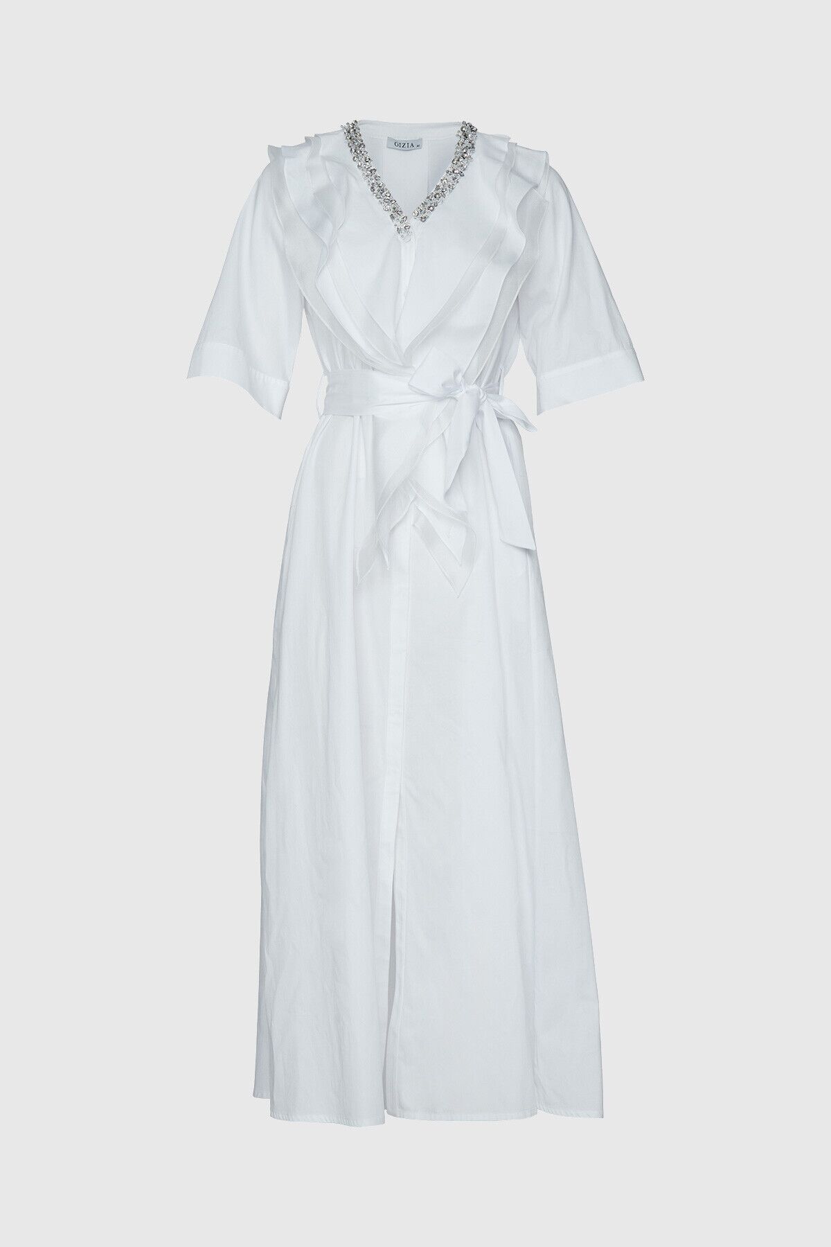 GIZIA - Stone And Waist Sash Tie Detailed Long White Dress