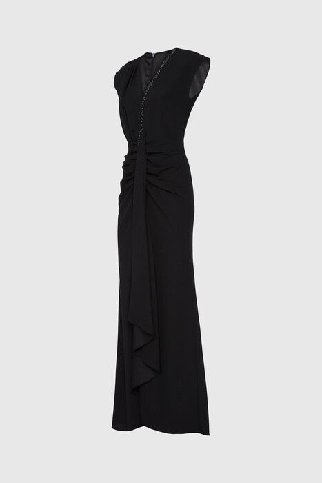 Gizia Ruffle Detailed V-Neck Embroidered Long Black Dress With Slits. 1