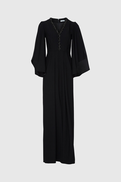 Gizia Slit Cape Sleeves Embroidered Detailed Long Black Dress. 1