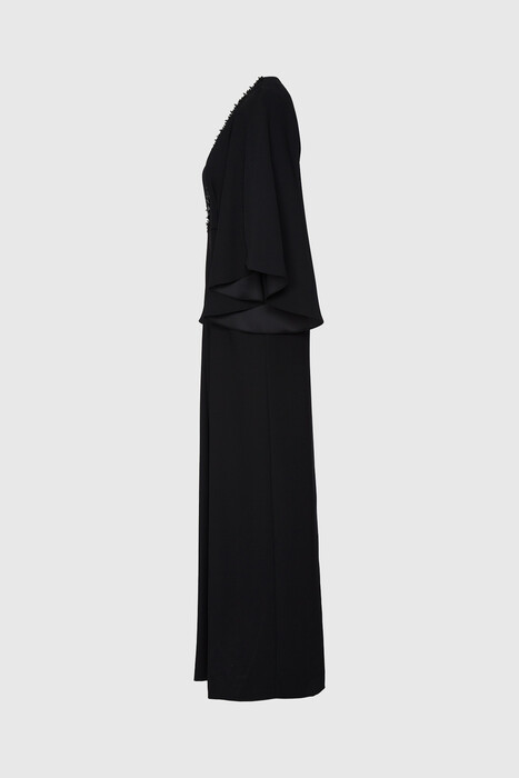 Gizia Slit Cape Sleeves Embroidered Detailed Long Black Dress. 2