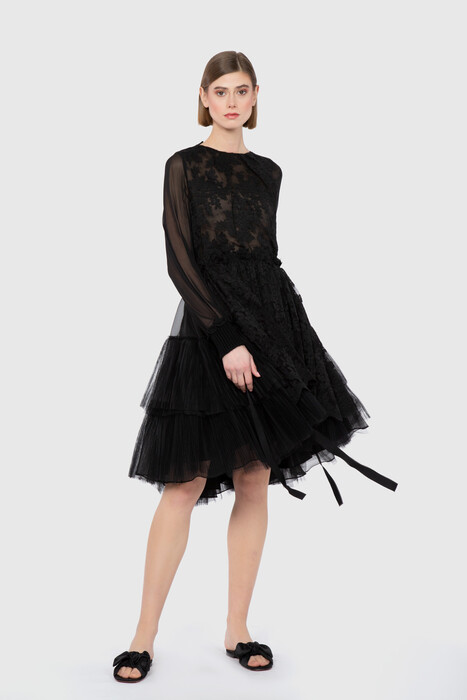  GIZIAGATE - Dice Kayek Transparan Ve Katlı Etek Detaylı Siyah Tasarım Elbise