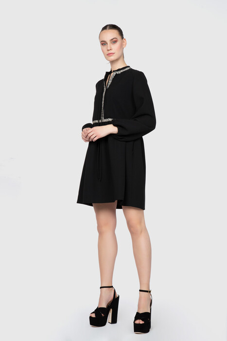 Gizia Drop Slit Collar Embroidered Black Dress. 2