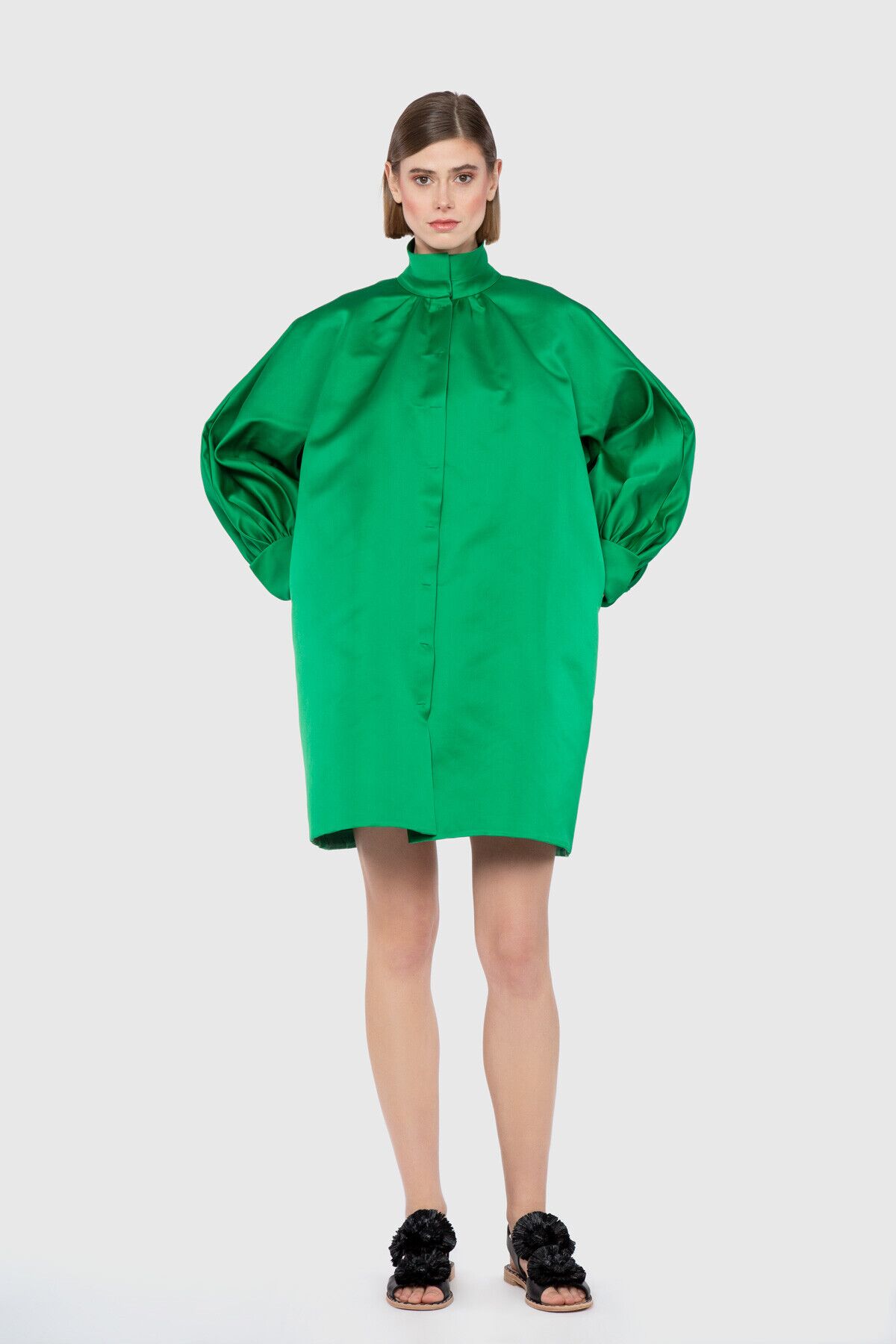 GIZIAGATE - Voluminous Wide Cut Stand-up Collar Mini Green Dress