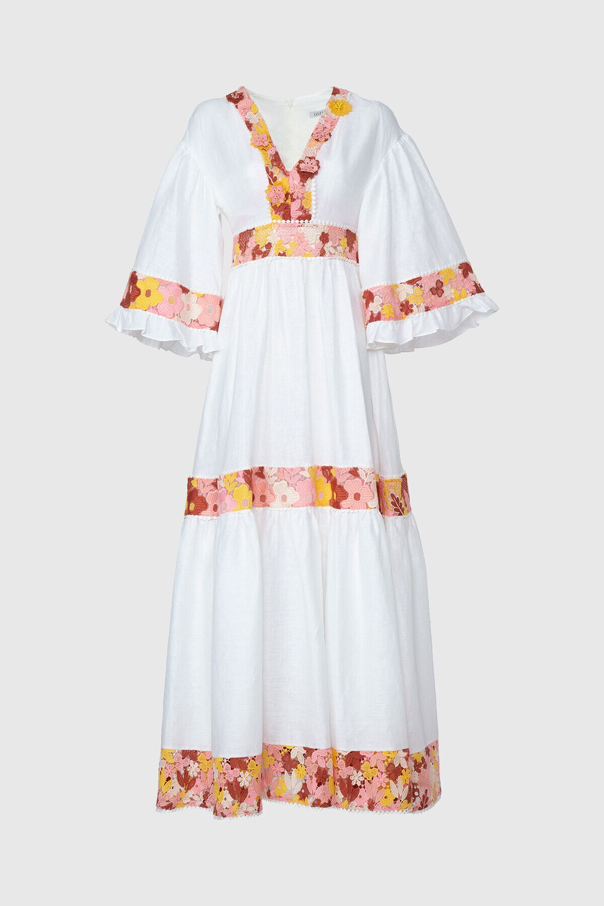 GIZIA - V-Neck Floral Patterned Ecru Long Dress