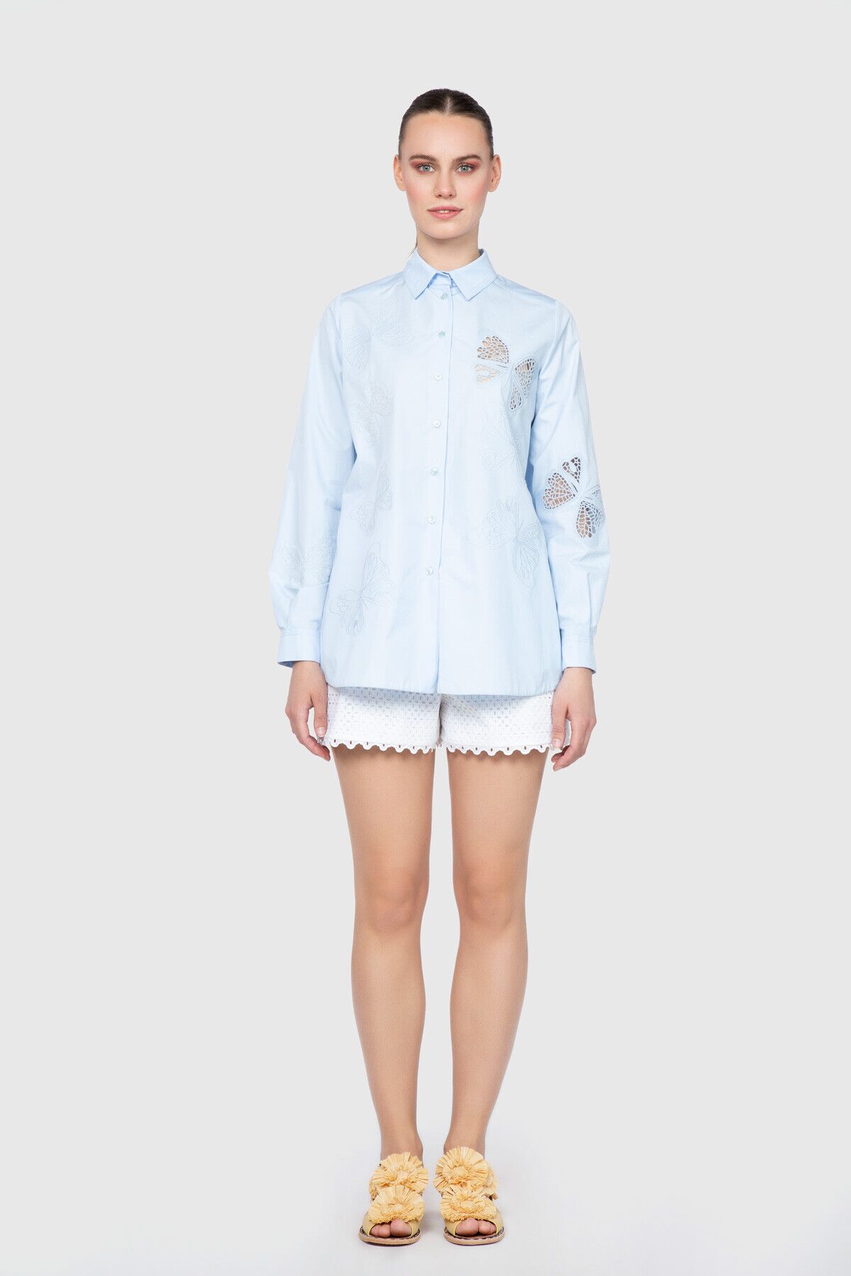 GIZIAGATE - Transparent Embroidery Detailed Blue Shirt