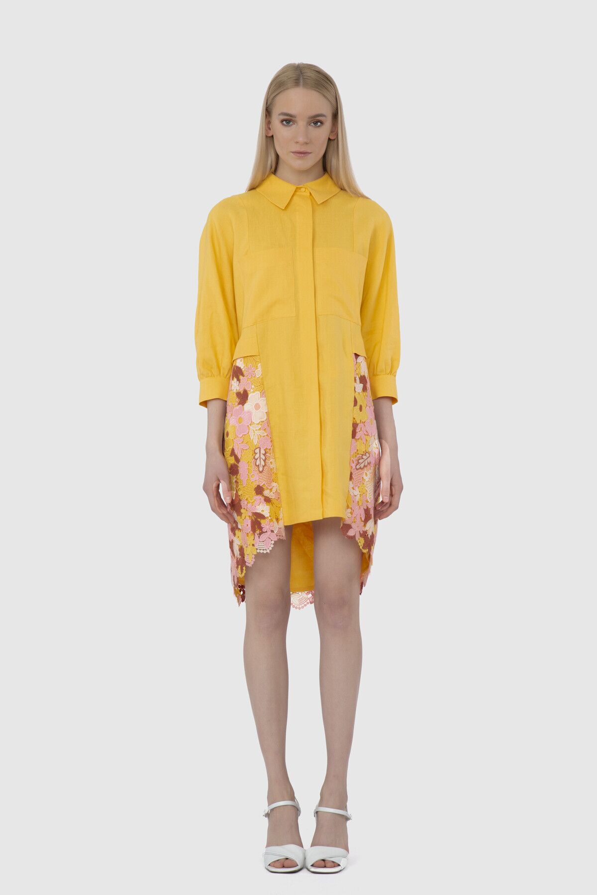 GIZIA - Floral Embroidered Detailed Yellow Shirt Dress