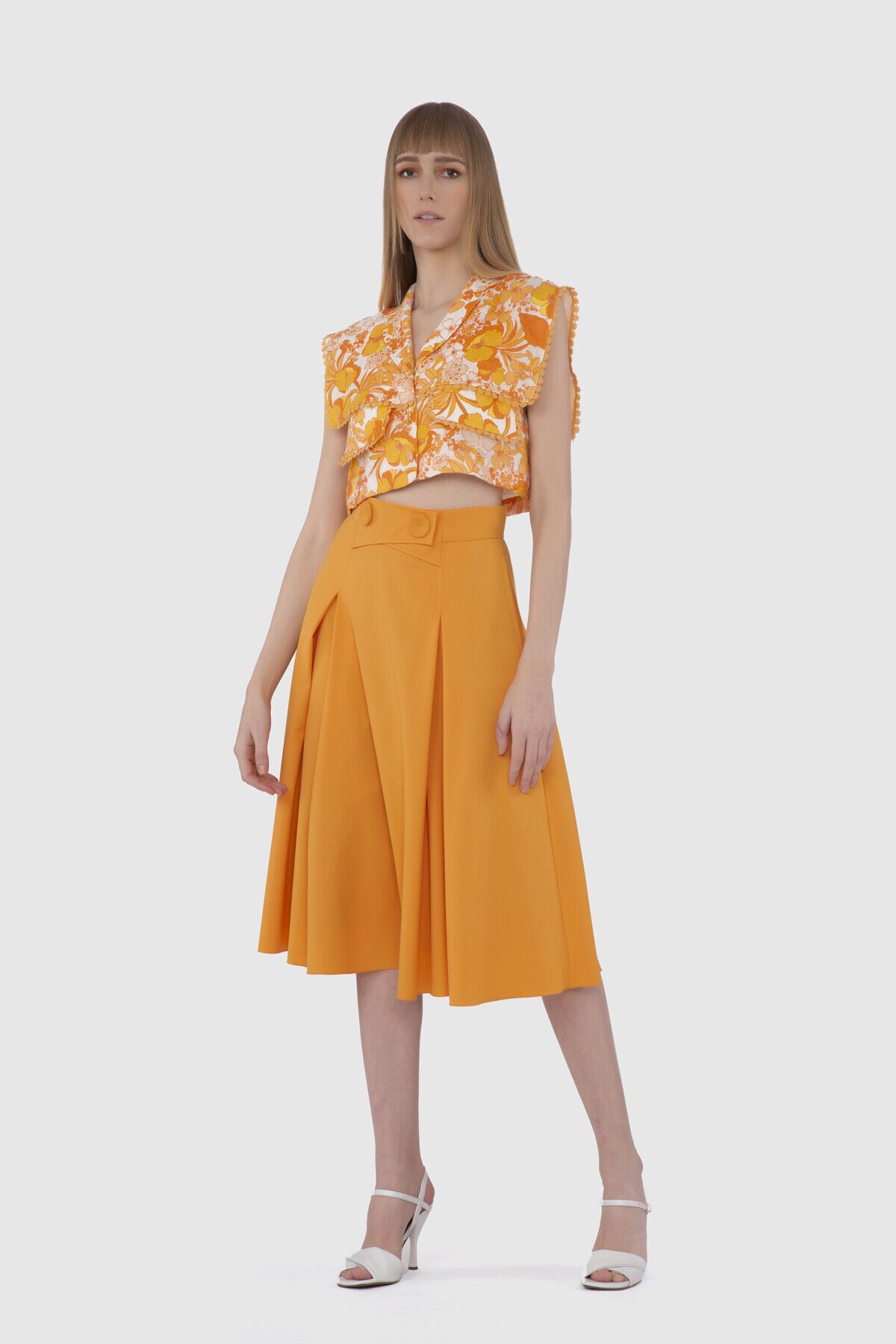  GIZIA - High Waist Button Detailed Midi Length Orange Skirt