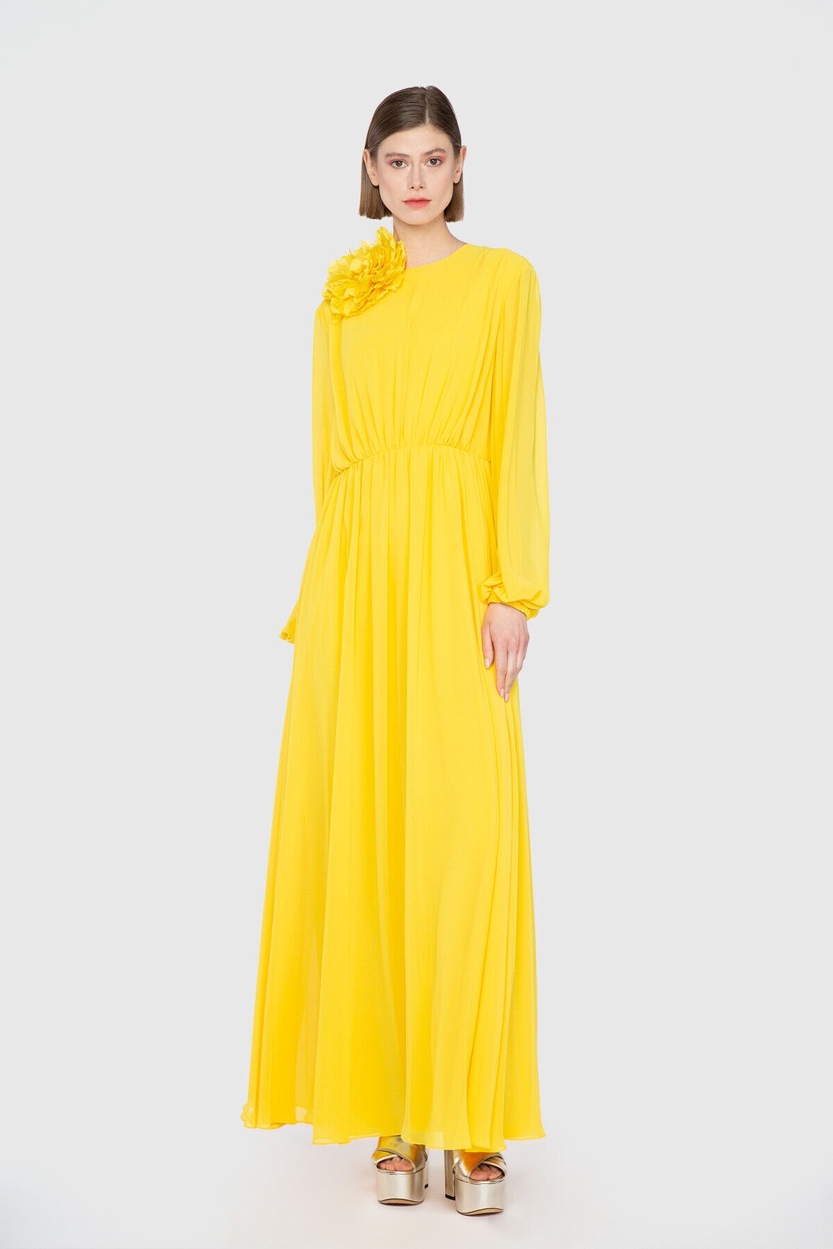GIZIAGATE - Nihan Peker Beli Büzgülü Uzun Abiye Tasarım Elbise