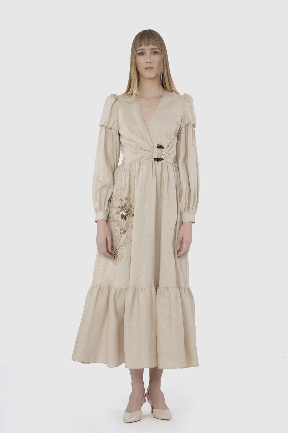 GIZIA - Embroidered Embroidery And Buckle Detail Long Linen Beige Dress