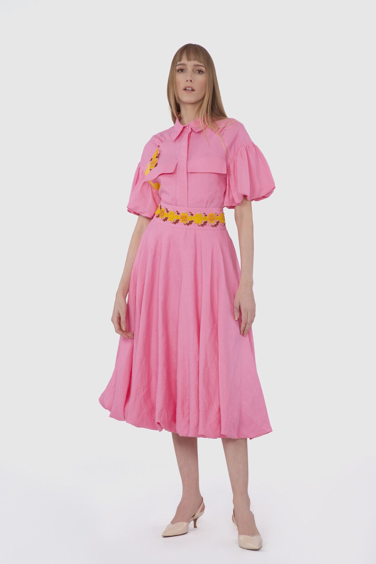  GIZIA - Belt Embroidered Pleated Midi Pink Skirt
