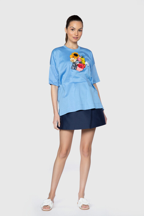 Gizia Embroidered Detailed Short Sleeve Blue T-Shirt. 1