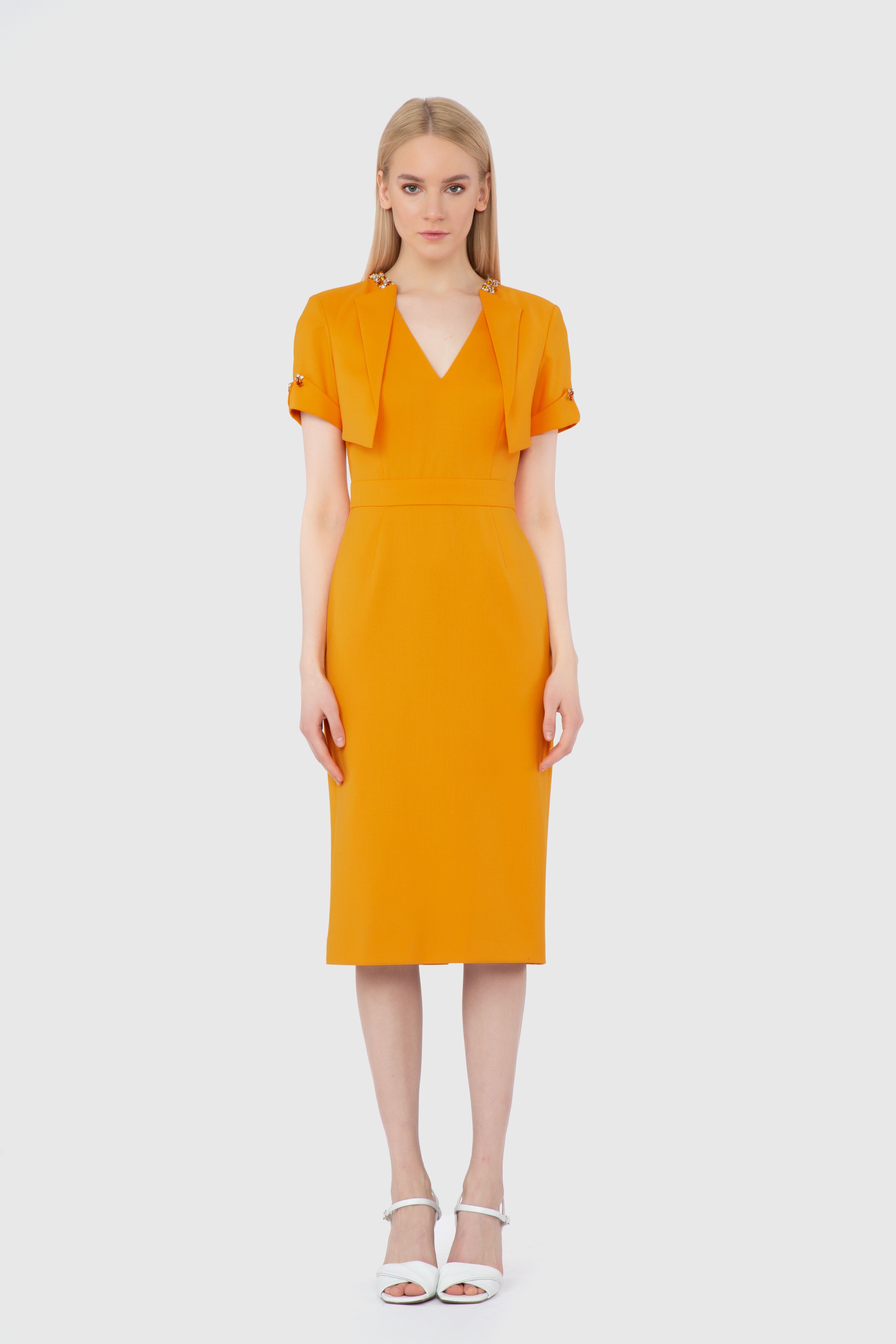 GIZIA - Embroidered Collar Detailed Midi Length Orange Dress