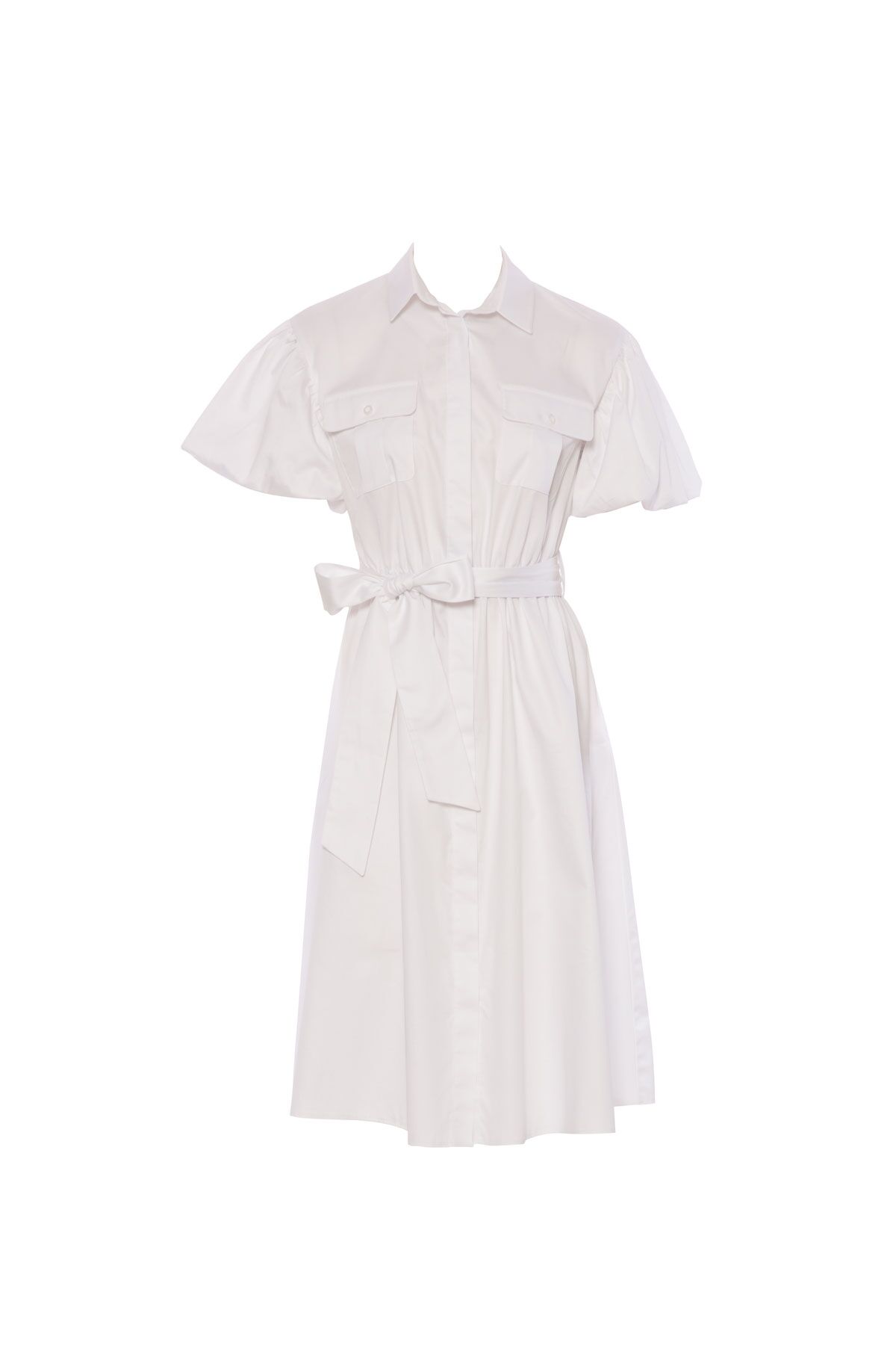 KIWE - Two Pocket Tie Detailed White Poplin Dress