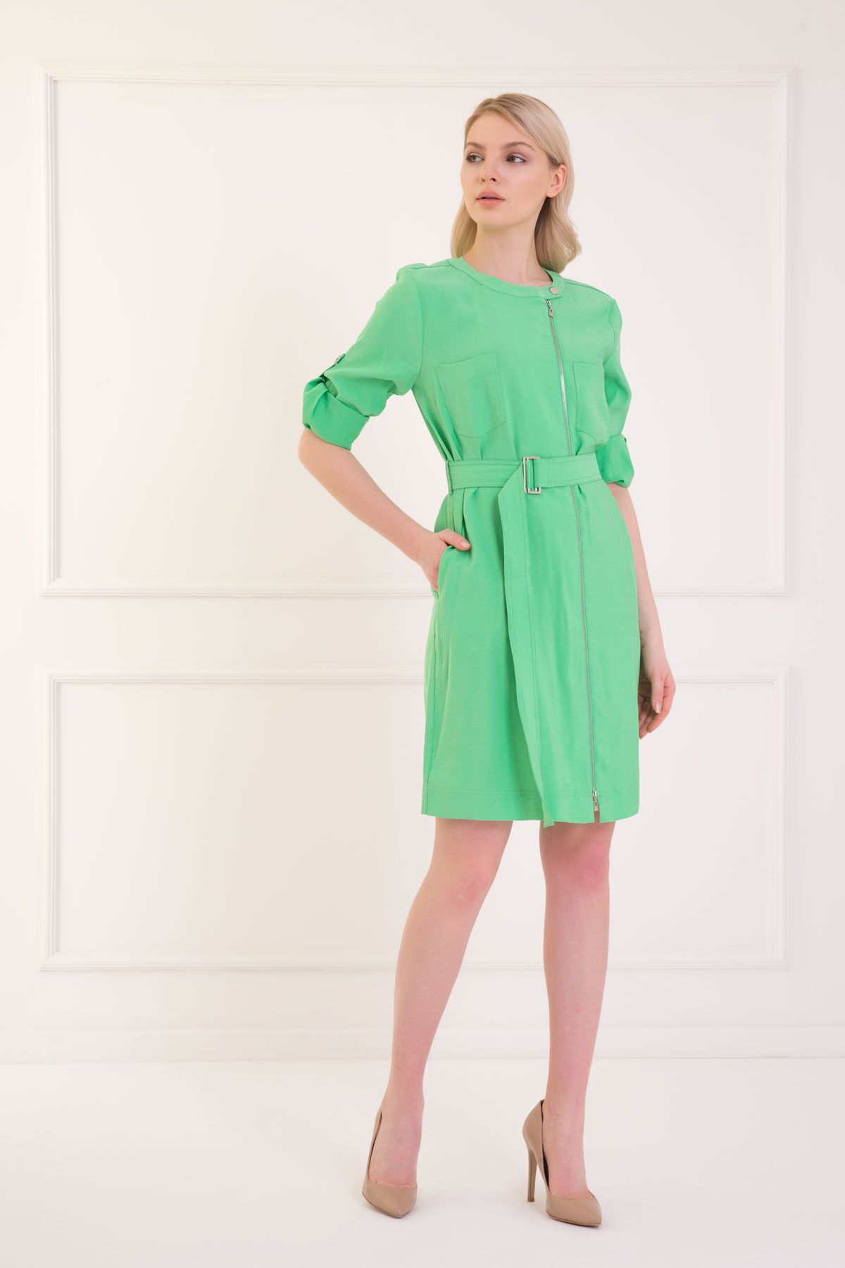 KIWE - Zipper Detailed Two Pocket Belted Green Dress