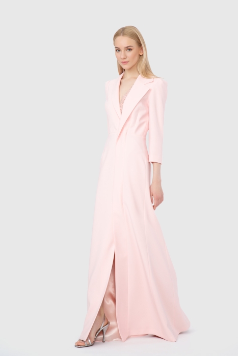 Gizia Asymmetrical Collar And Embroidered Detailed Long Salmon Dress. 2