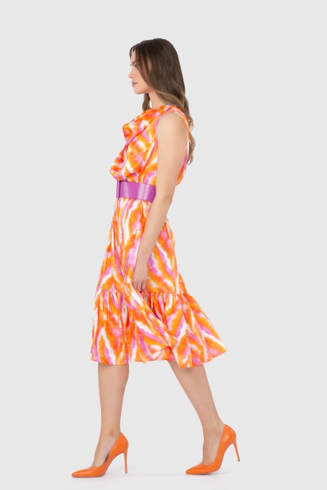 Gizia Belted Ruffle Long Orange Midi Dress. 1