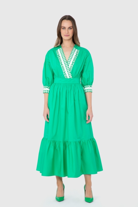 Gizia Embroidered Three Quarter Sleeve Green Long Dress. 1
