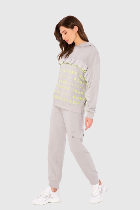 Gizia Hooded Ruffle Front Grey Sweatshirt. 2 Gizia Hooded Ruffle Front Grey Sweatshirt. 2