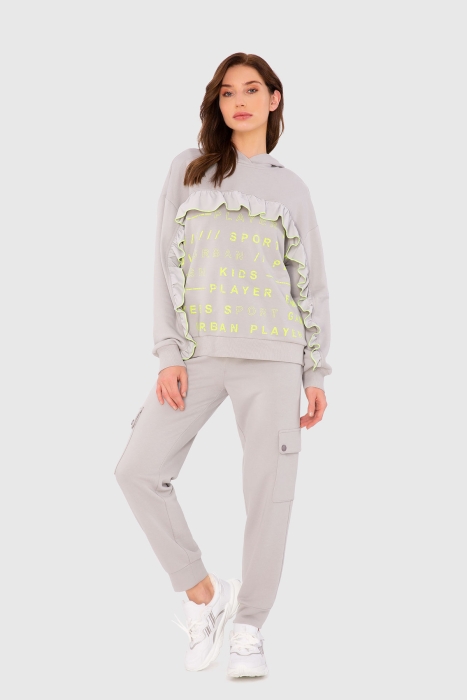 Gizia Hooded Ruffle Front Grey Sweatshirt. 1 Gizia Hooded Ruffle Front Grey Sweatshirt. 1